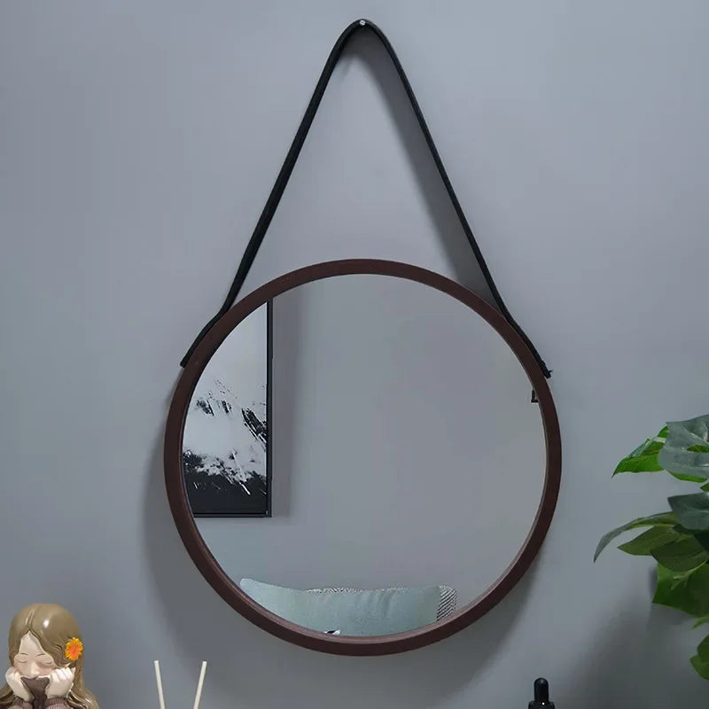Round wall mirror with thick wooden border - view 3