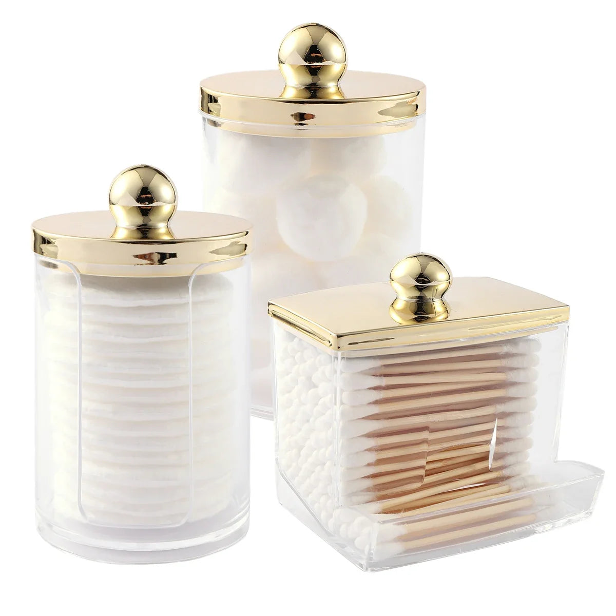 1/3 pcs Qtips Dispenser Bathroom Container with Golden Lid , 10 oz Cotton Ball Holder, Clear Plastic Apothecary Jar Organizer - 3pcs clear golden