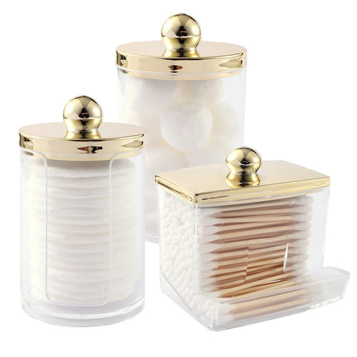1/3 pcs Qtips Dispenser Bathroom Container with Golden Lid , 10 oz Cotton Ball Holder, Clear Plastic Apothecary Jar Organizer - 3pcs clear golden