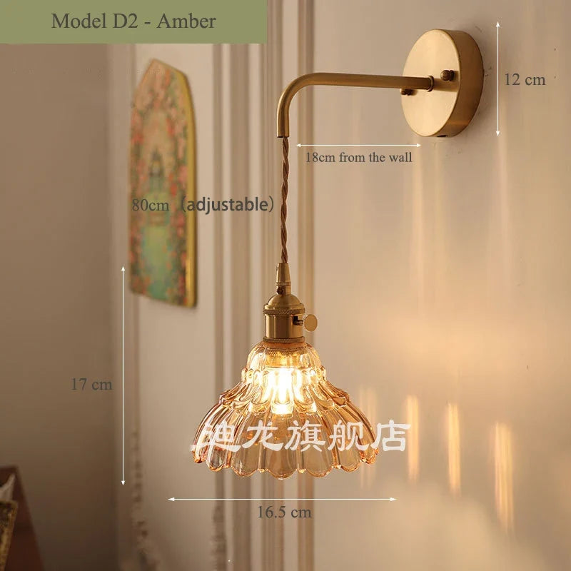 Vintage glass wall sconce with brass socket - D2