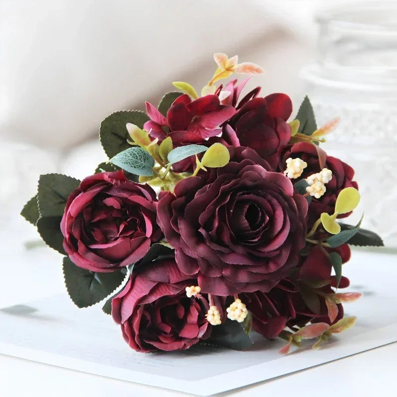 Bouquet of pink silk peonies for interior decoration - Red wine