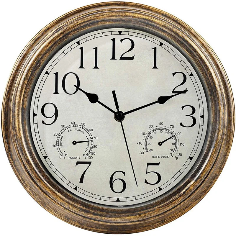 12inch Wall Clock,Retro Waterproof Clock with Displays Thermometer&Hygrometer,Noise-Free Clock for Indoor/Outdoor - WHITE