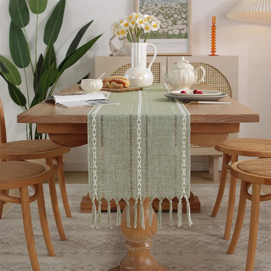 Embroidered Bohemian Table Runner, Hand-Woven Pom-Pom Trim - 35x120cm