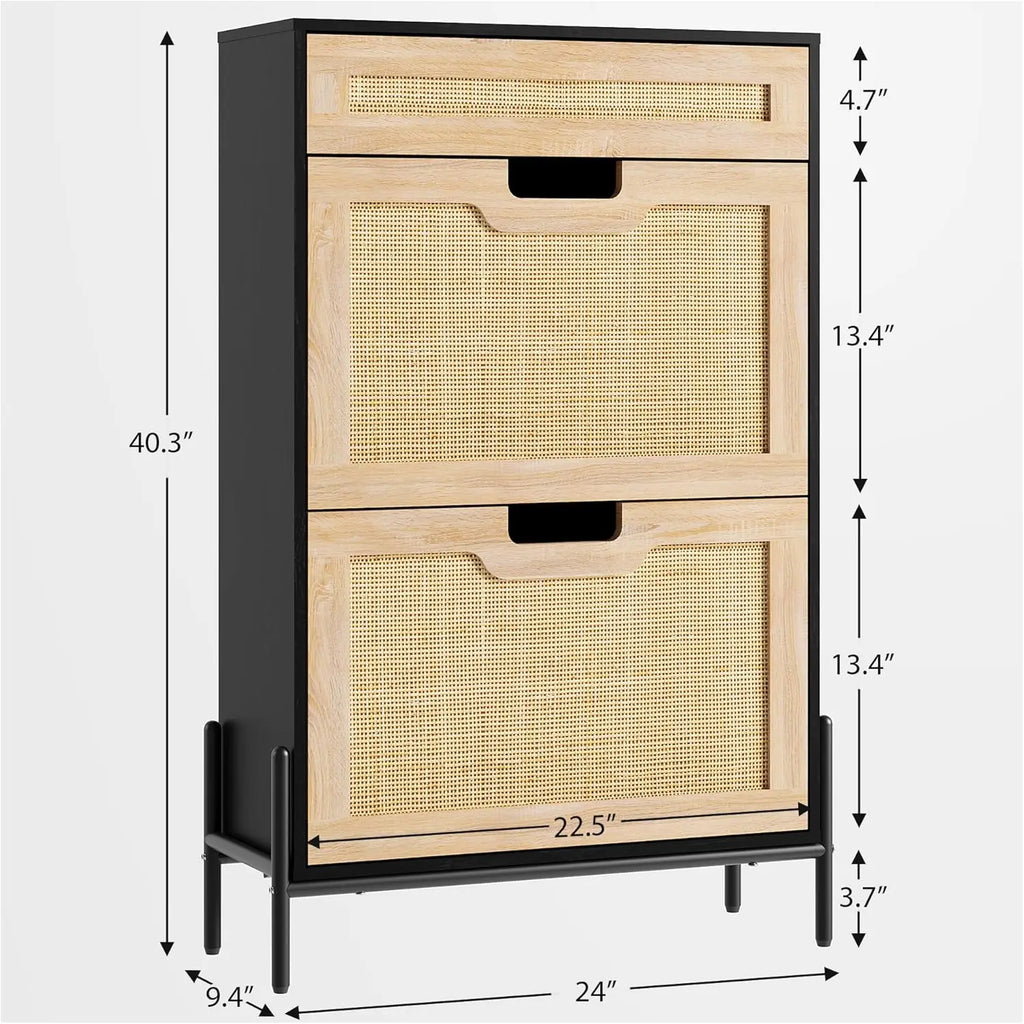 Natural Rattan Storage Cabinet with 2 Flip Door 1 Drawer Freestanding Entrance Shoe Cabinet, Modern Narrow Entry Way Cabinet - Black Wood