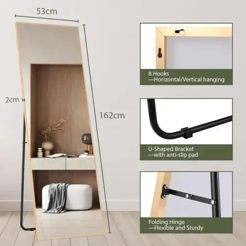 Free-Standing Full Length Mirror 162x53cm, Black or Gold - Gold Right angle