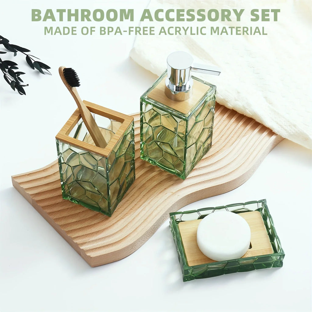 Bathroom Accessory Set, Acrylic Bamboo Accessories, Includes Toothbrush Holder, Soap Dispenser, Cotton Swab Holder, Soap Dish, T - view 4