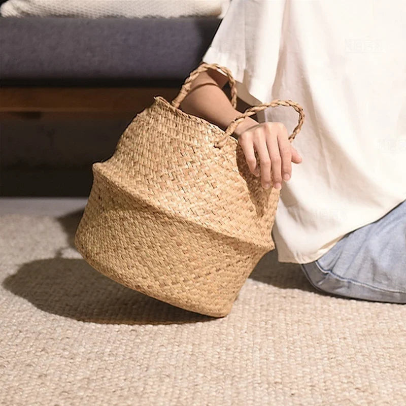 Folding rattan storage baskets with handle for various uses - view 4