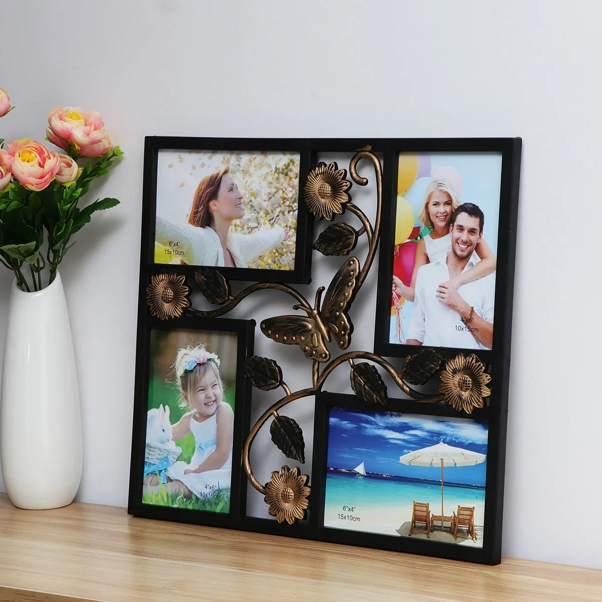 Vintage decorative photo frame with 4 openings with flowers