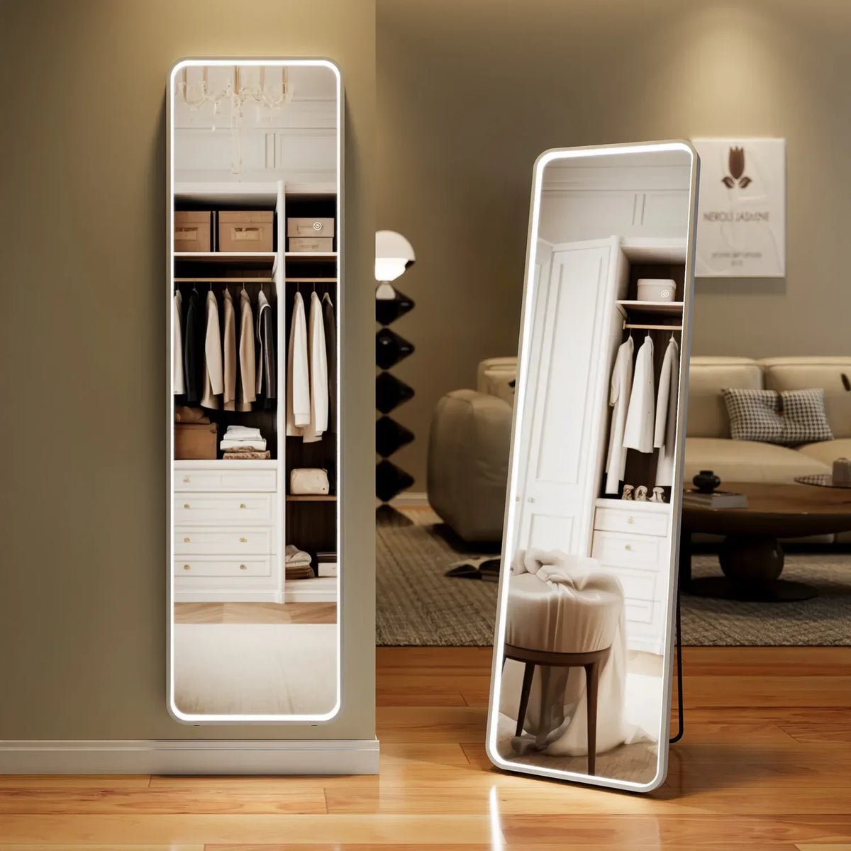 Full Length Mirror with COB-LED Lights Full Body Mirror,Free Standing Floor Mirror Wall Mounted Light Up Mirror 3 Color Lighting