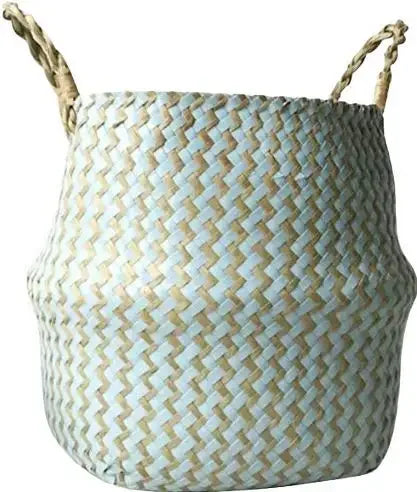 Folding rattan basket for storage and decoration - Rayures bleues / Diameter 32CM X 27CM