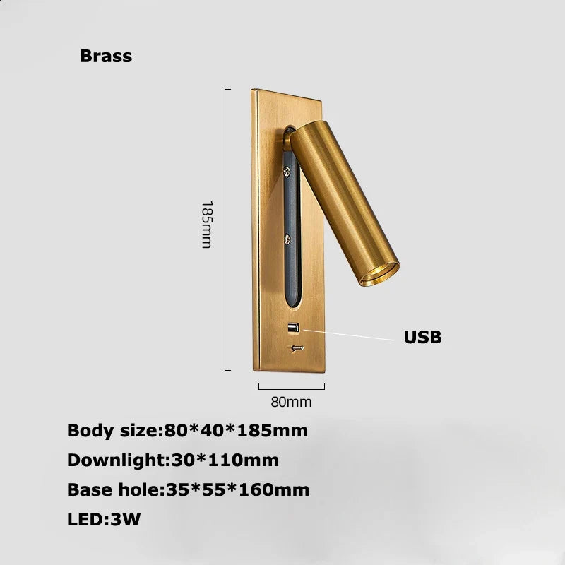 Black Brass LED Wall Spotlight with Switch and USB Port - Warm light / Brass USB