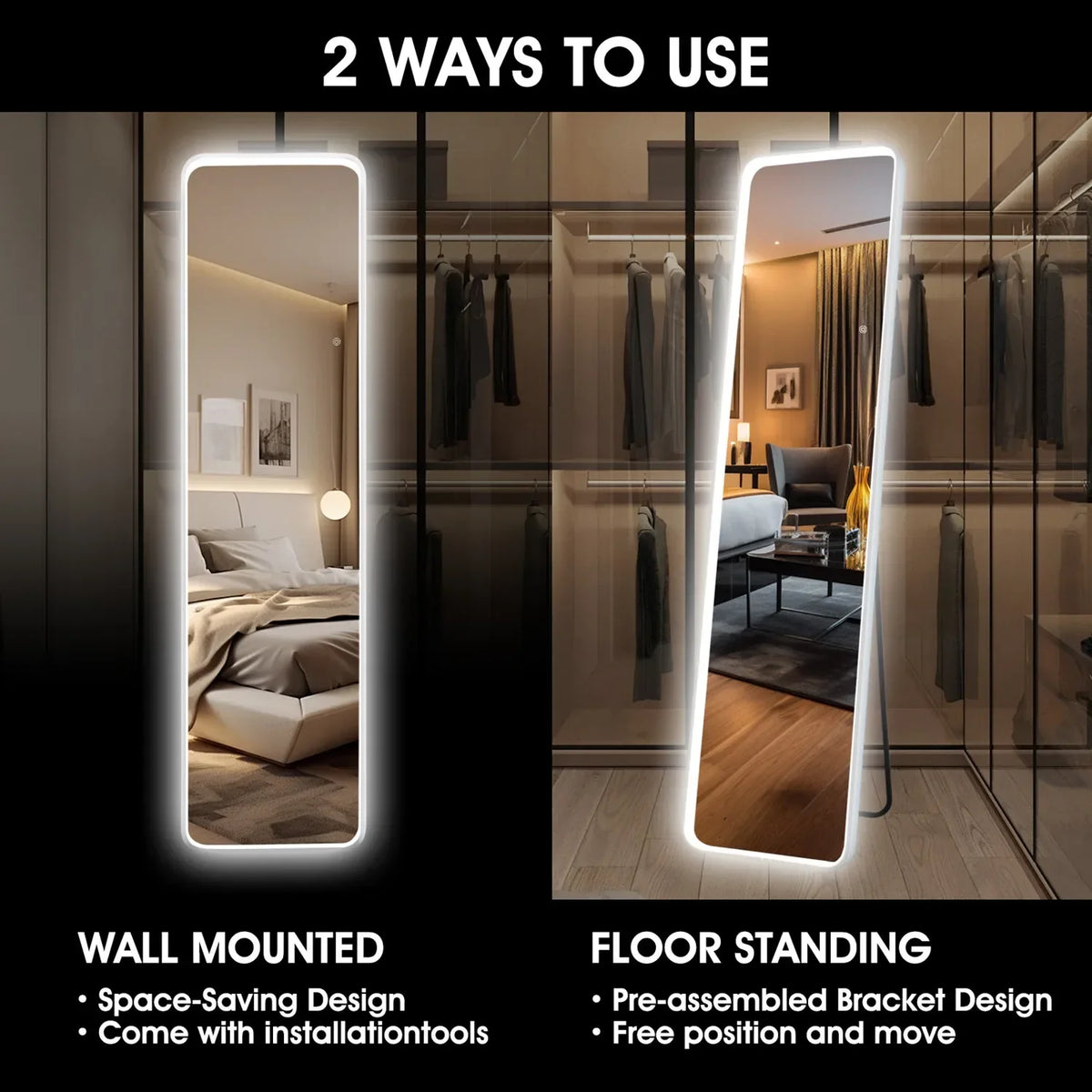 Full Length Mirror with COB-LED Lights Full Body Mirror,Free Standing Floor Mirror Wall Mounted Light Up Mirror 3 Color Lighting - view 4