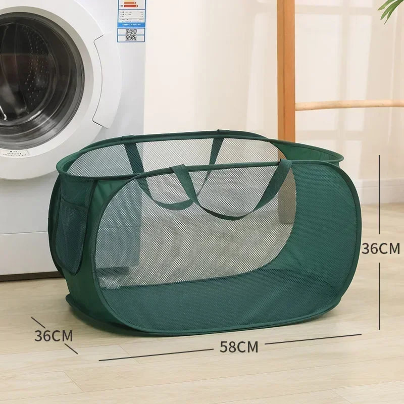Durable Collapsible Laundry Basket, Mesh Pop Up Laundry Hamper With Side Pocket, Foldable Clothes Storage Hamper With Reinforced - Green