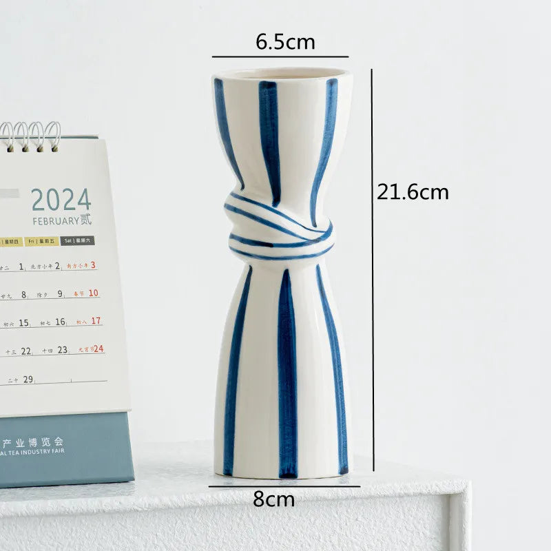 Double Ear Ceramic Vase, Abstract Black and White Striped Hydroponic Vase, Living Room Decoration, Room Aesthetic Decoration - J