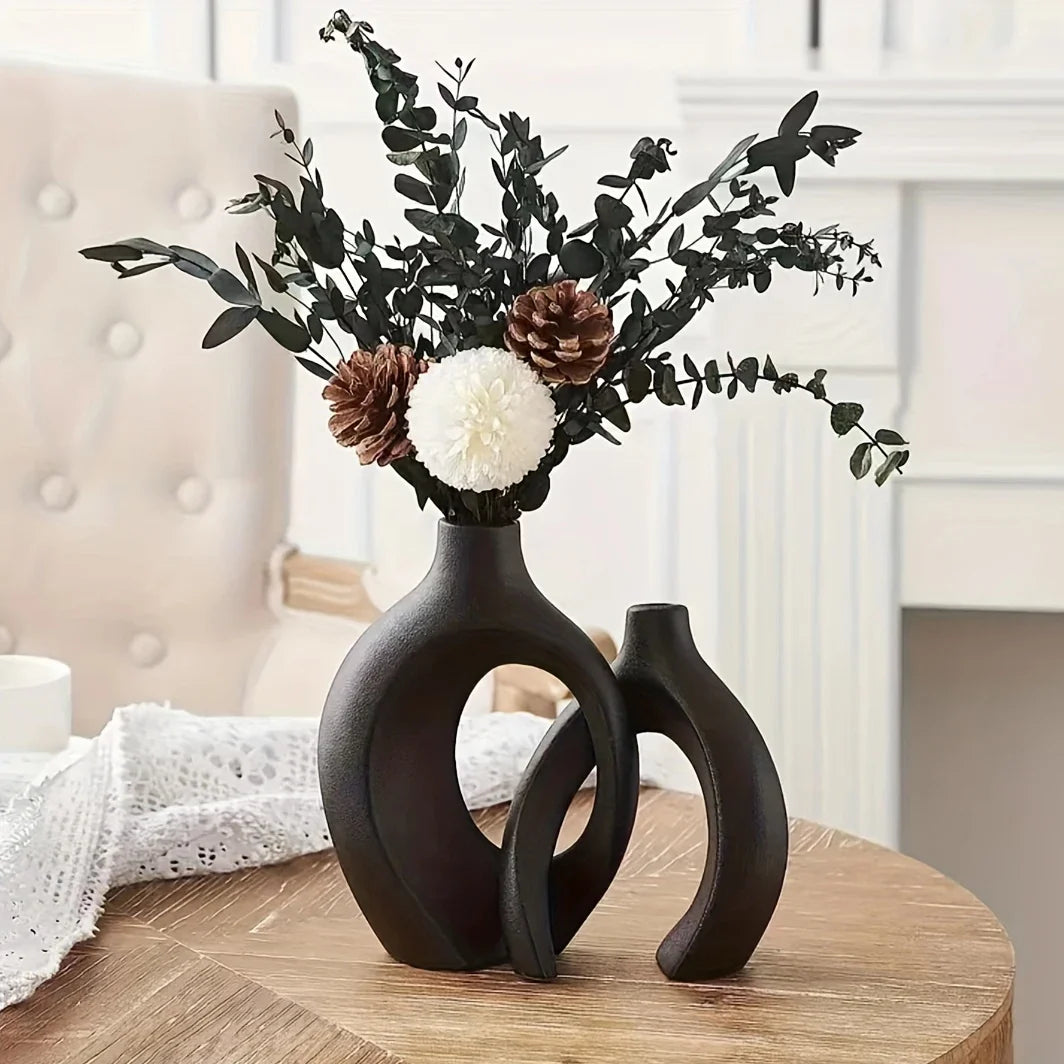 Hollow Nordic Modern Ceramic Vase Set of 2 for Modern Home decor,Modern Boho Hollow Flower Vases for Living Room Bookshelf - black