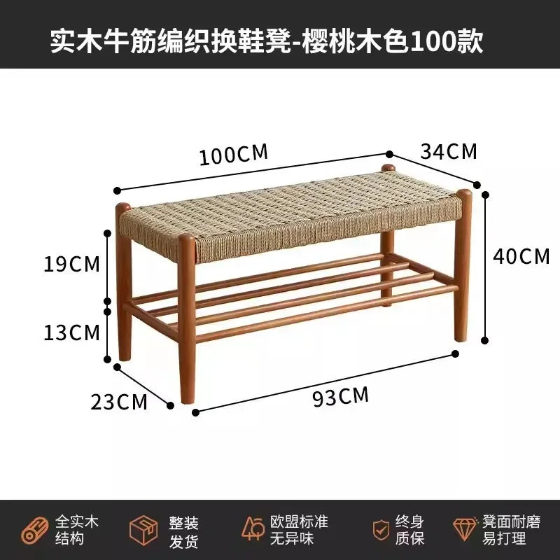 Shoes stool in solid wood braided in retro style rattan - Tabouret 100cm
