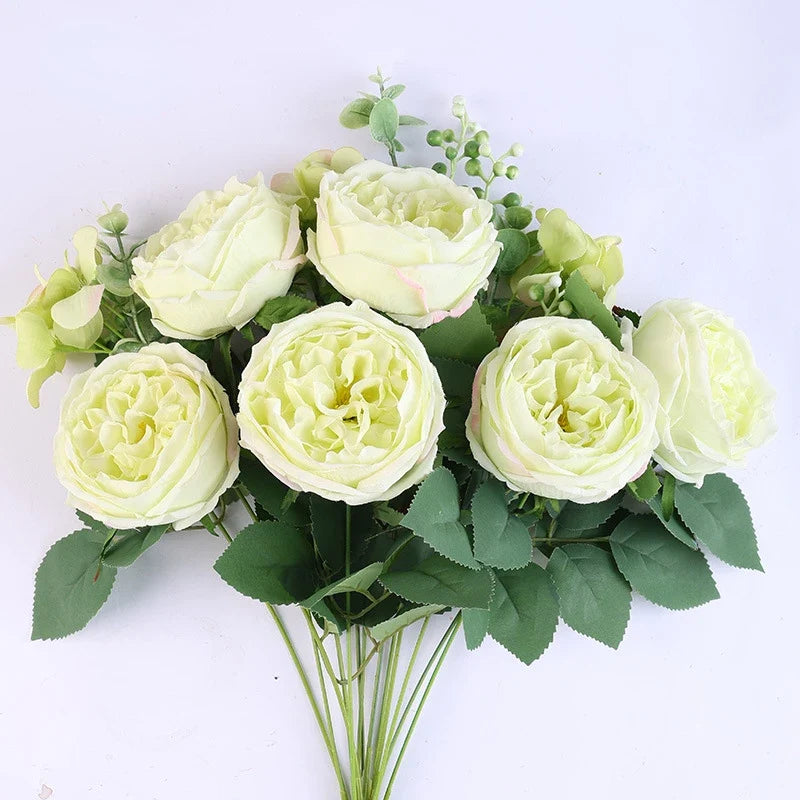 Yellow and White Artificial Silk Rose Bouquet, Design 1 - Green