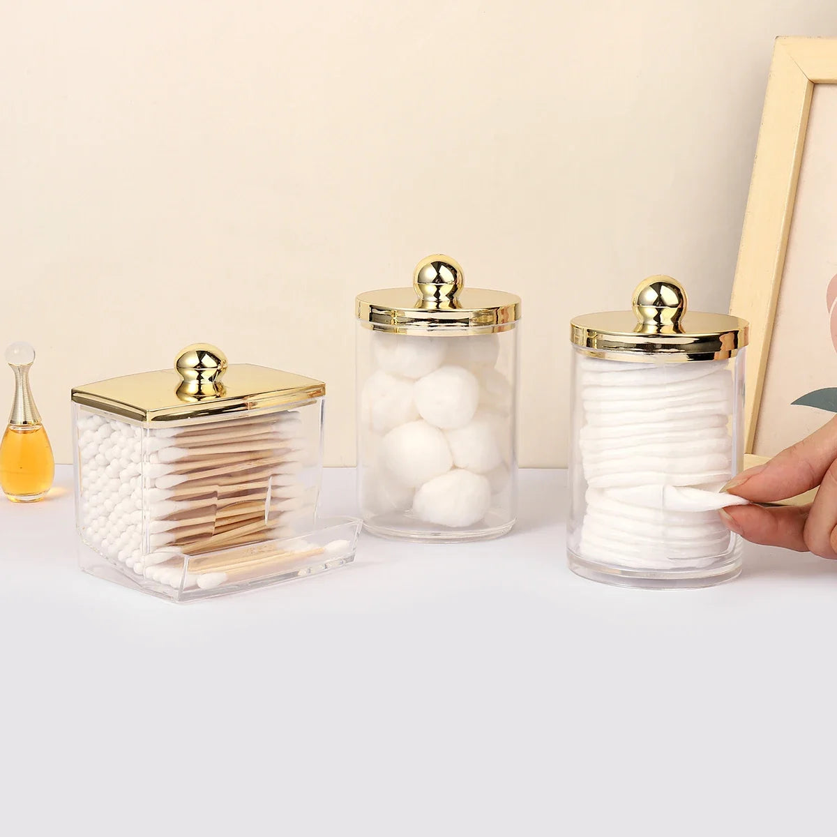 1/3 pcs Qtips Dispenser Bathroom Container with Golden Lid , 10 oz Cotton Ball Holder, Clear Plastic Apothecary Jar Organizer - view 3