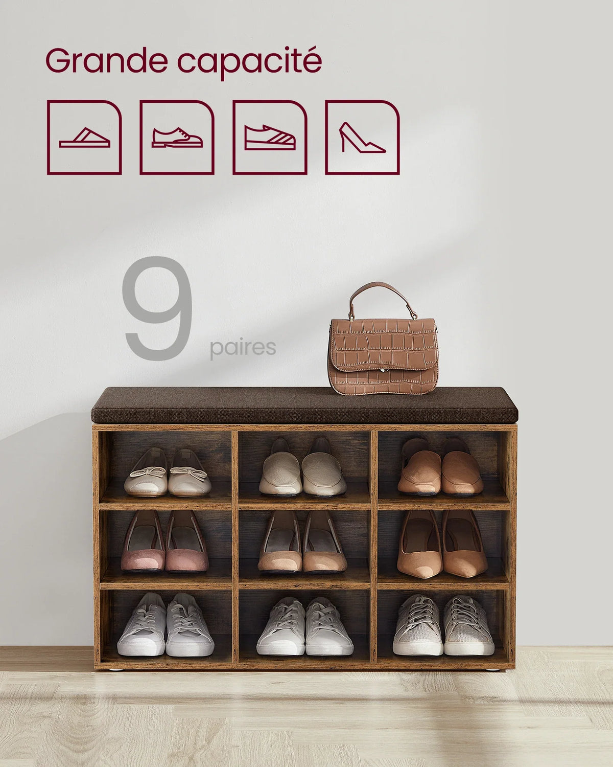 VASAGLE Shoe Bench, Storage Bench with Padded Seat, with Cushion, 9 Compartments, Adjustable Shelves, for Living Room, Hallway - view 4