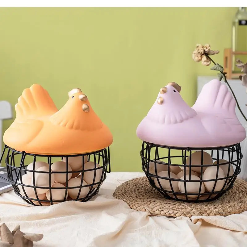 Ceramic Egg Storage Basket, Living Room, Fruit, Garlic, Hollow Metal Hen Shaped, Kitchen Organizer