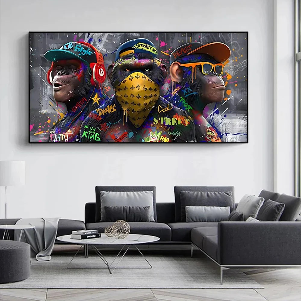 Three orang-outans graffiti art wall decoration monkey music - view 3