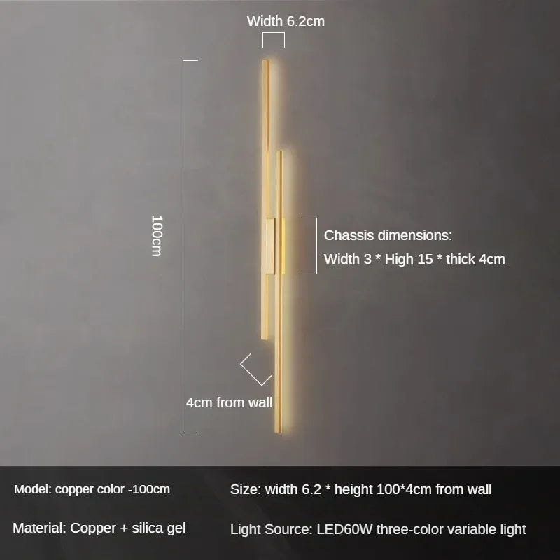 Copper wall sconce for modern and creative decoration - 2700-5500K / Golden-100cm