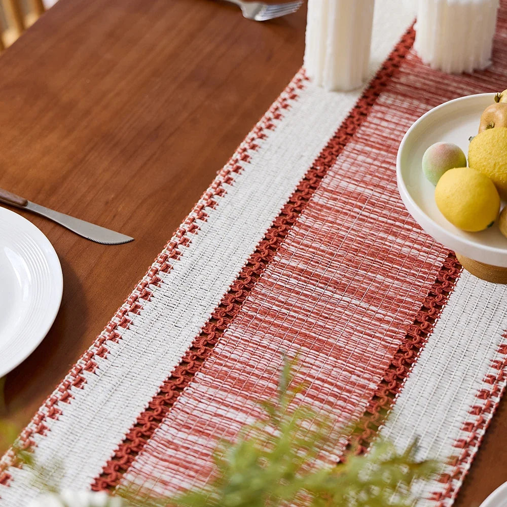 Bohemian Red and Beige Striped Table Runner with Pom-Poms, Style Two - view 5