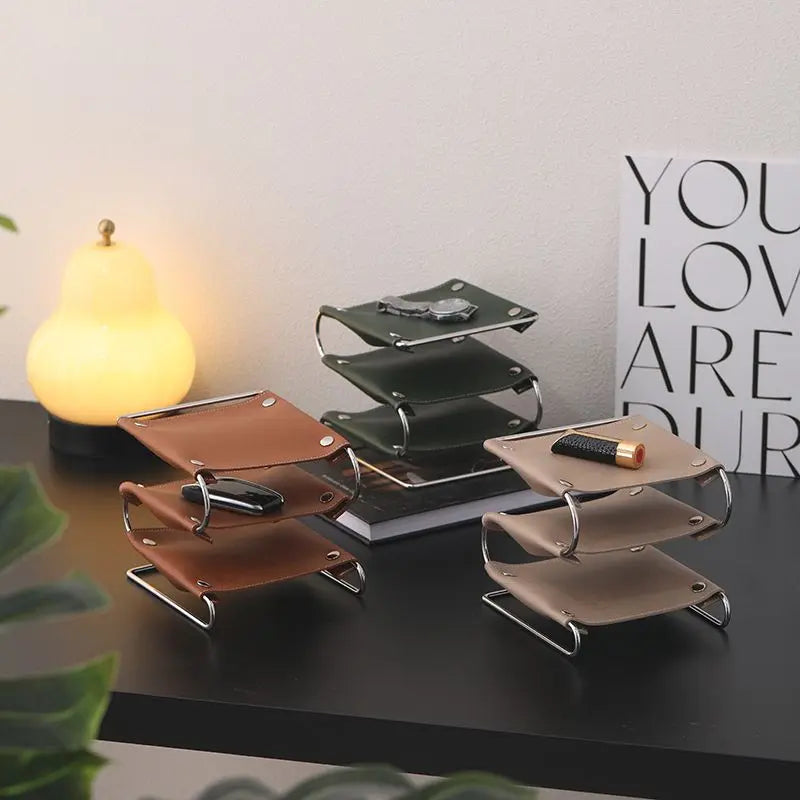 Multifunction storage holder in leather and stainless steel