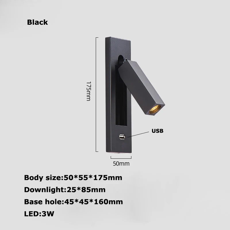 Rotatable Brass and Black LED Reading Wall Sconce - Neutral light / black usb