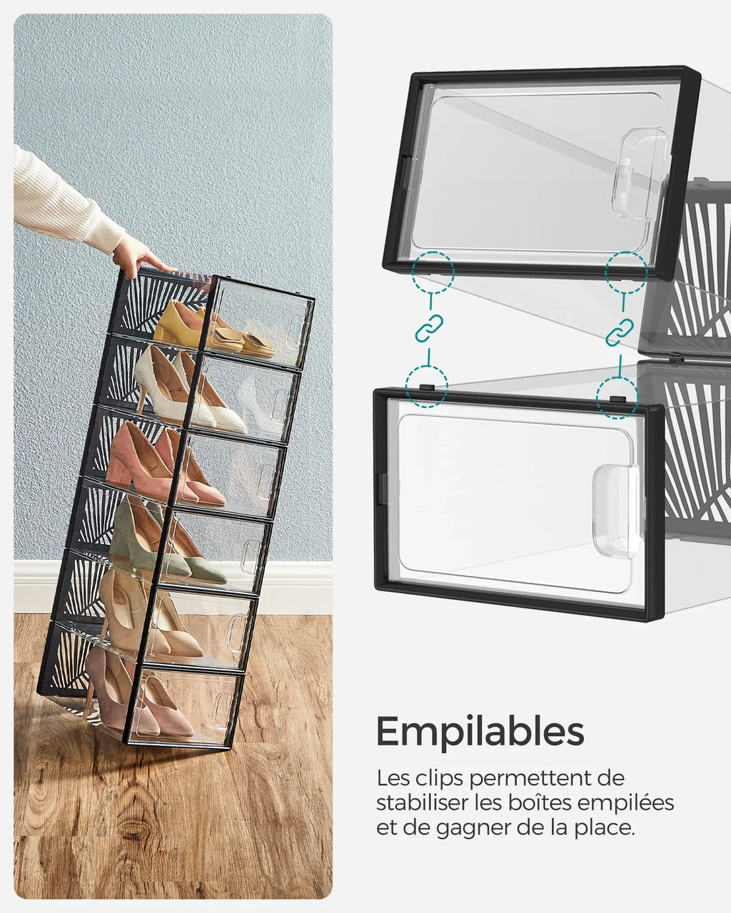 SONGMICS Clear Shoe Boxes, Shoe Storage Organsiers, Stackable, Breathable, and Foldable, Display Trainers, High Heels - view 3