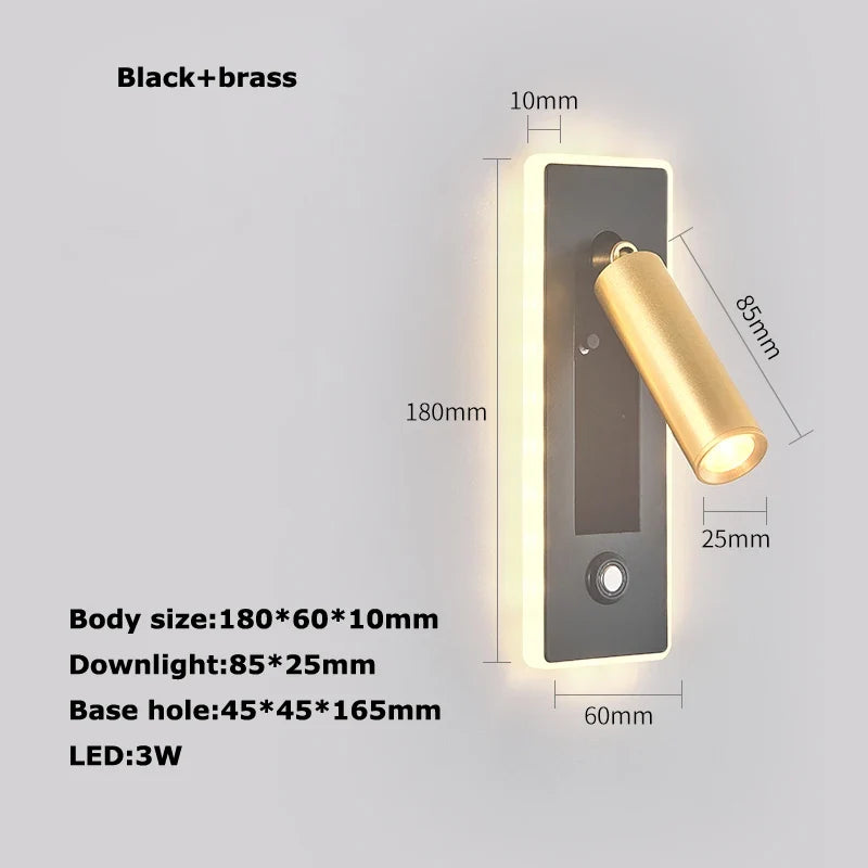 Rotatable Brass and Black LED Reading Wall Sconce - Neutral light / b