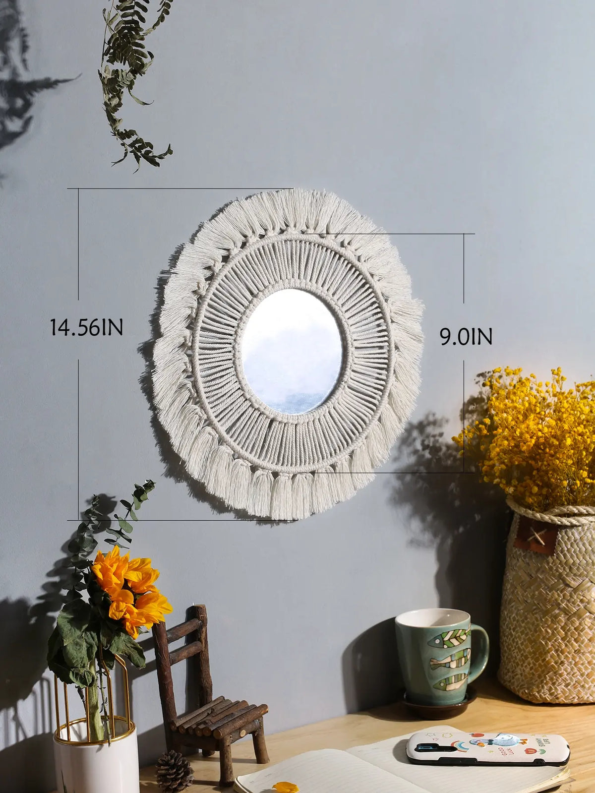 Boho decorative mirror in macrame for handcrafted wall decoration - KK053-M0403