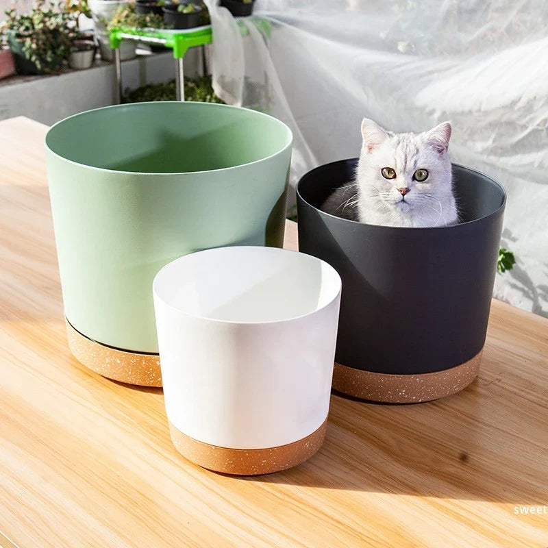 Large plastic circular pot for indoor plants with drainage and tray - view 4