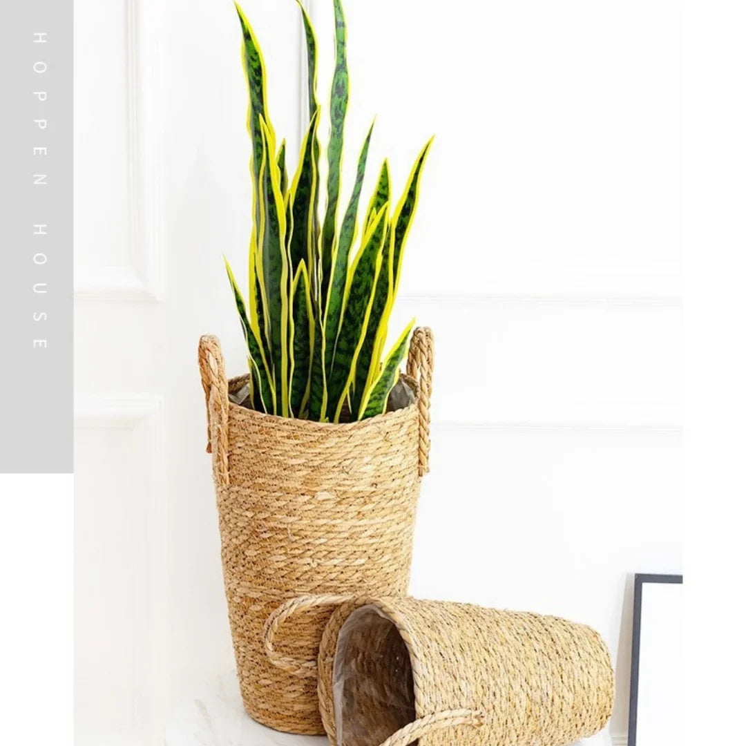 Grass Woven Flower Basket Planter, Plants Weaving Basket, Vase for Home decor, Seagrass Flowerpot, Bride Dried Flowers Vin - view 2
