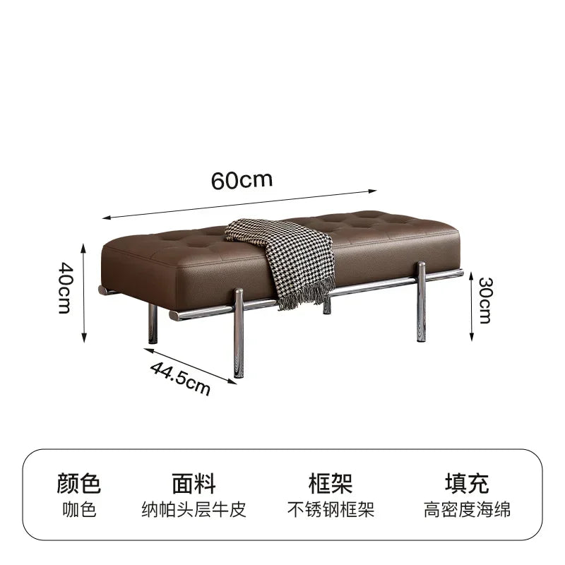 Stainless Steel Shoe Changing Bench, Long Stool, Italian Minimalist Leather, Bed-End Seat, Light, Luxury - 60cm x 44.5cm x 40cm