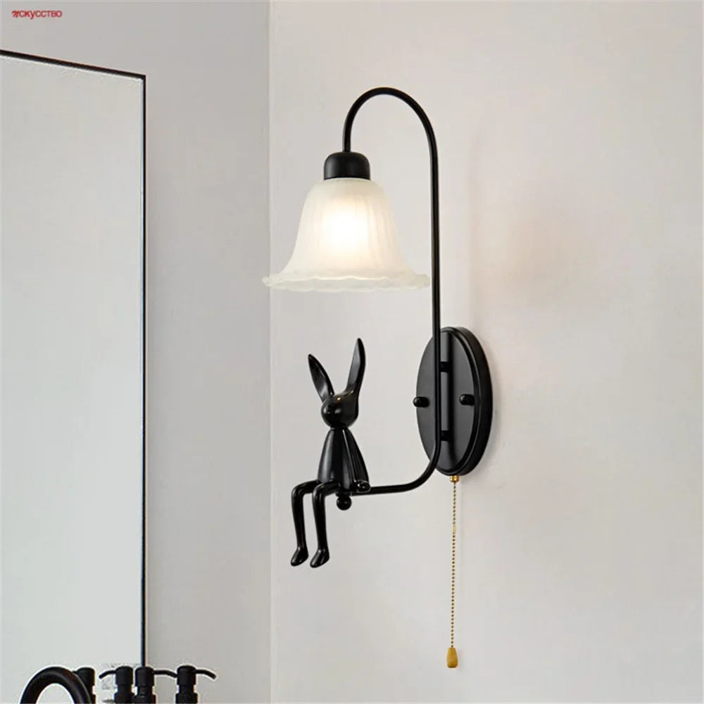 Black glass retro wall sconce with pull-out switch