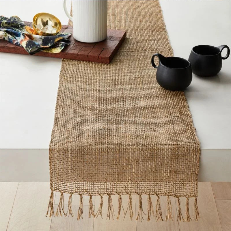 Rustic jute table runner with braided pom-poms - 30x45cm(placemat)