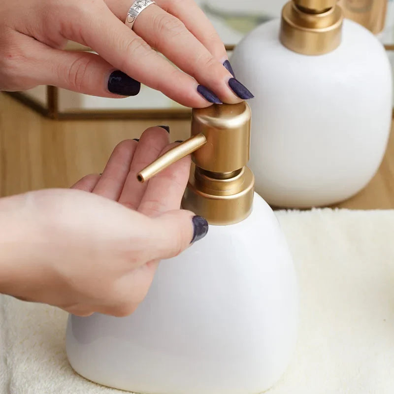 Ceramic soap dispenser with golden pump for bathroom - view 4