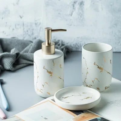 Black Marbled Bathroom Accessories Set, Ceramic Soap Dispenser, Toothbrush Holder, Box, Decoration - 3pcs 1