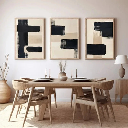 3 的/Set Simple Beige and Black Abstract Poster Canvas Art Print, Bohemian Wall Background Wall Decoration, Modern Living Room