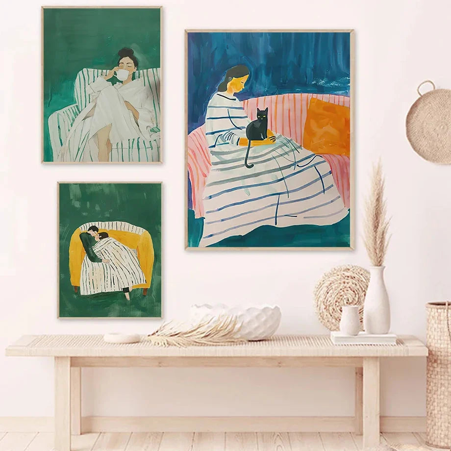 Woman cat abstract art wall for modern decoration - view 5
