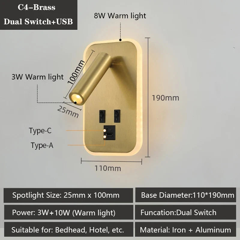 Modern led wall sconce with usb ports and adjustable reading lamps - C4 / Warm White (2700-3500K) / LED 3W and 8W