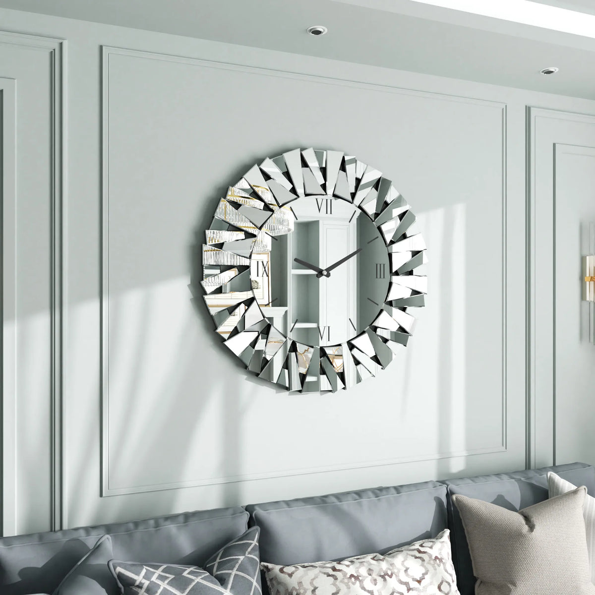Wisfor Large Modern Wall Clock 32 Inch Round Beveled Glass Edge Wall Mirror with Clock for Modern Living Room,Home Interiors - Silver