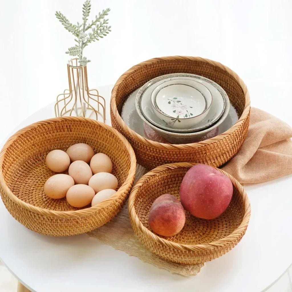 Round Rattan Woven Basket, Wicker Fruit Basket, Bread Food Kitchen Home decor Organizer, Breadbasket For Kitchen - view 3
