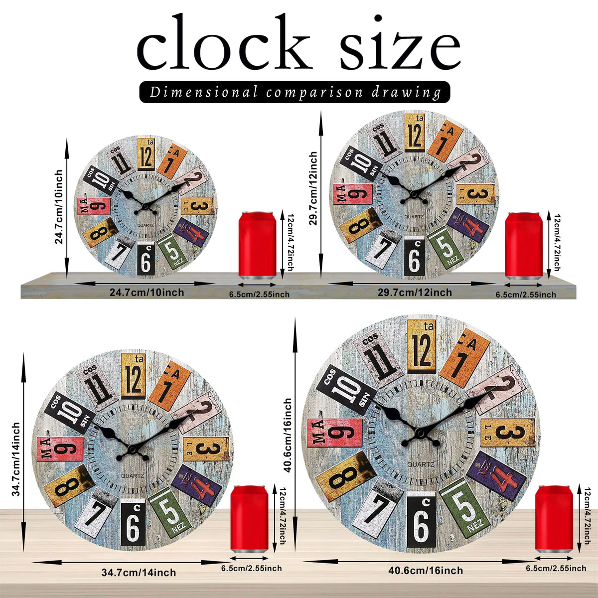 Nordic vintage wooden style wall clock, light blue wood texture with colorful Arabic digitals design wall clock, silent clock, f - view 3