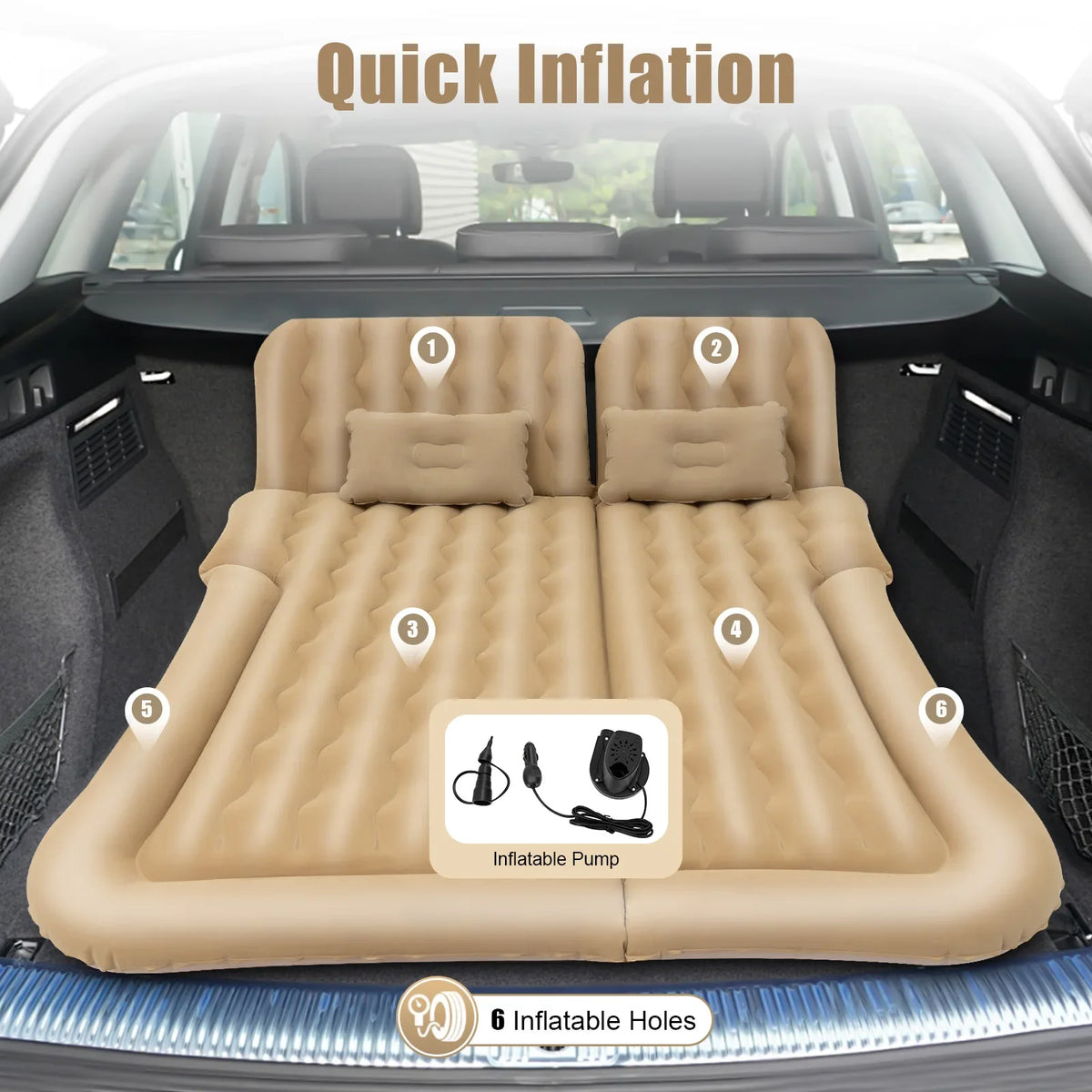 Inflatable Suv Car Mattress With Air Pump, Car Rear Seat Sleep Bed, Travel Tent (Beige)