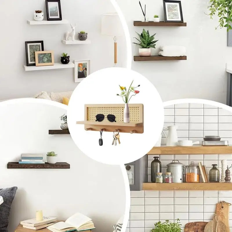 Wall shelf in rattan and wood with rustic and bohemian hooks - view 5
