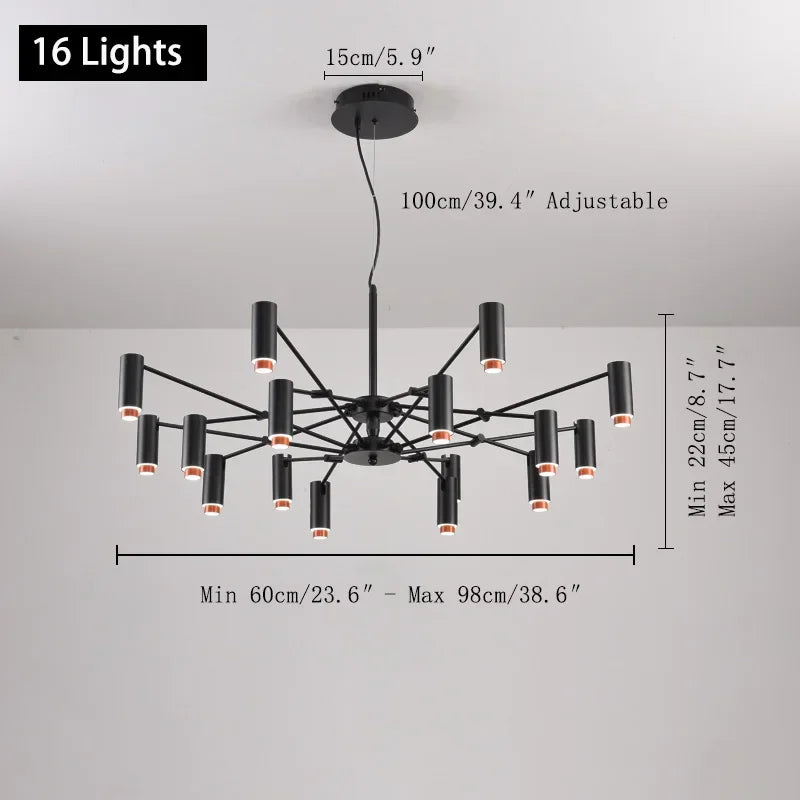 Modern minimalist indoor home lighting hanging design, living room, dining room, attic, black candlestick, room decoration - 16 Lights  Black / Warm light
