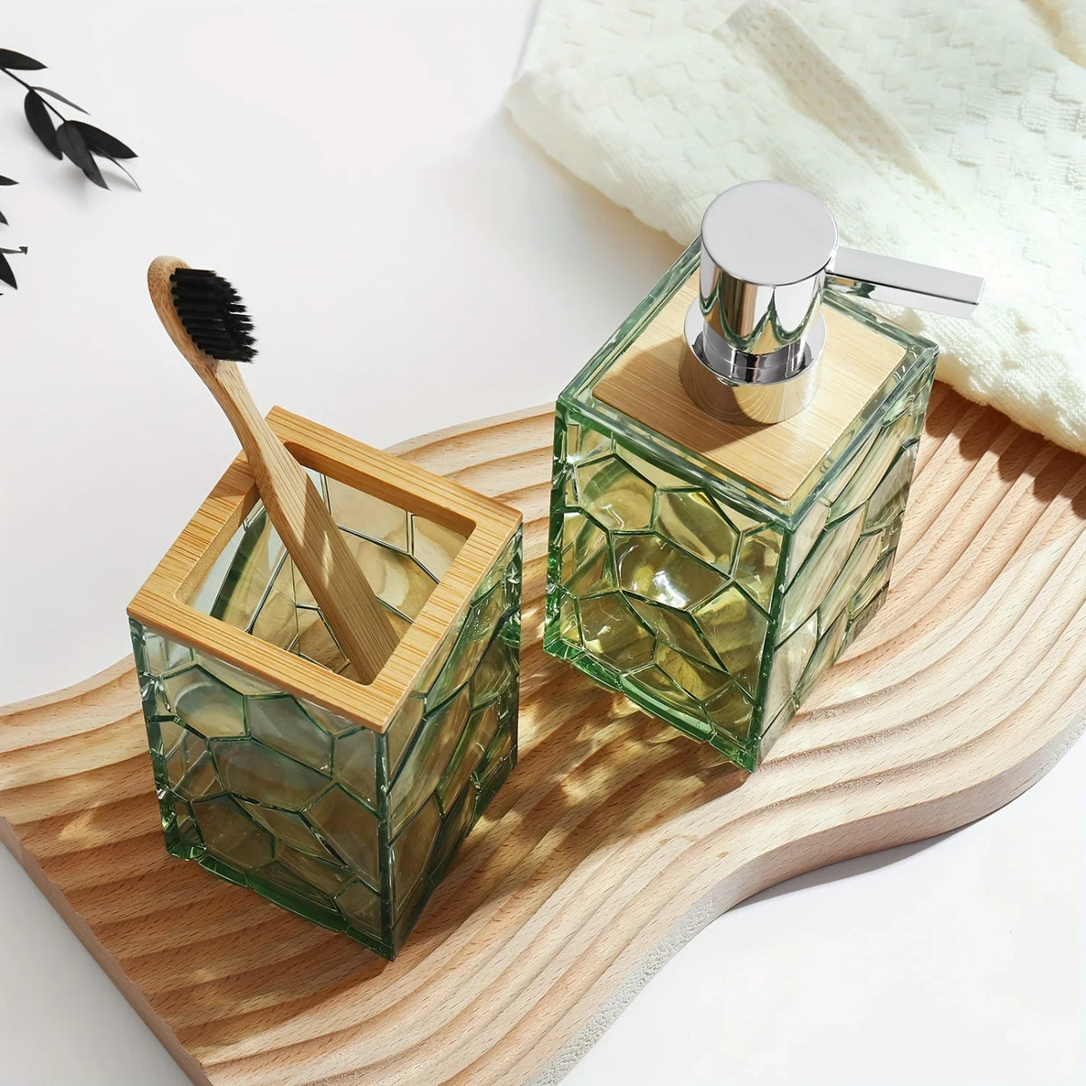 Bathroom Accessory Set, Acrylic Bamboo Accessories, Includes Toothbrush Holder, Soap Dispenser, Cotton Swab Holder, Soap Dish, T - view 6