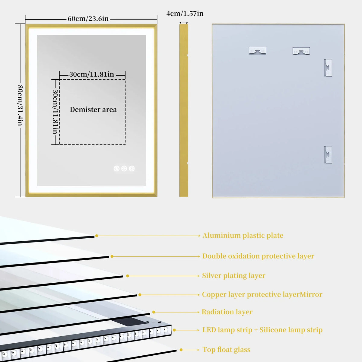 Illuminated mirror with golden frame and three-colored anti-fog led lights - 80x60cm (24x32 inches)